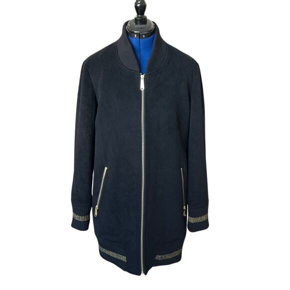 Sam Edelman Long Black Bomber Jacket Womens Size M Wool Blend Gold Accents Indie - Picture 1 of 9